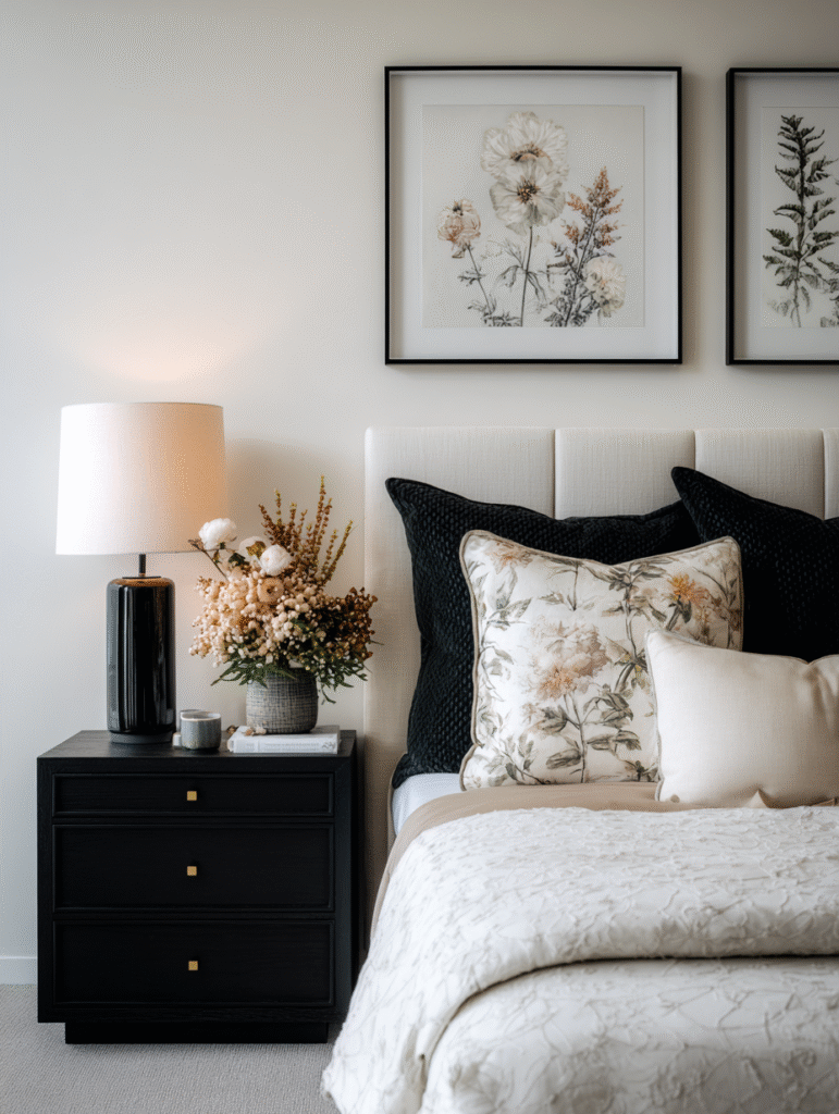 floral bedroom with dark accents