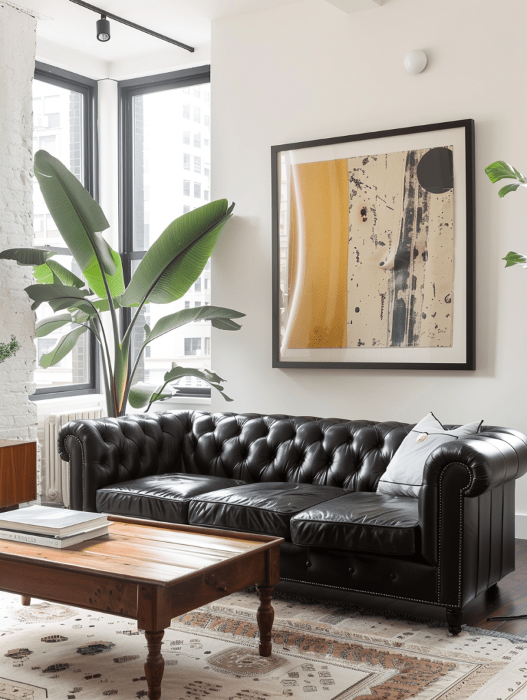 Living Room With Black Sofa