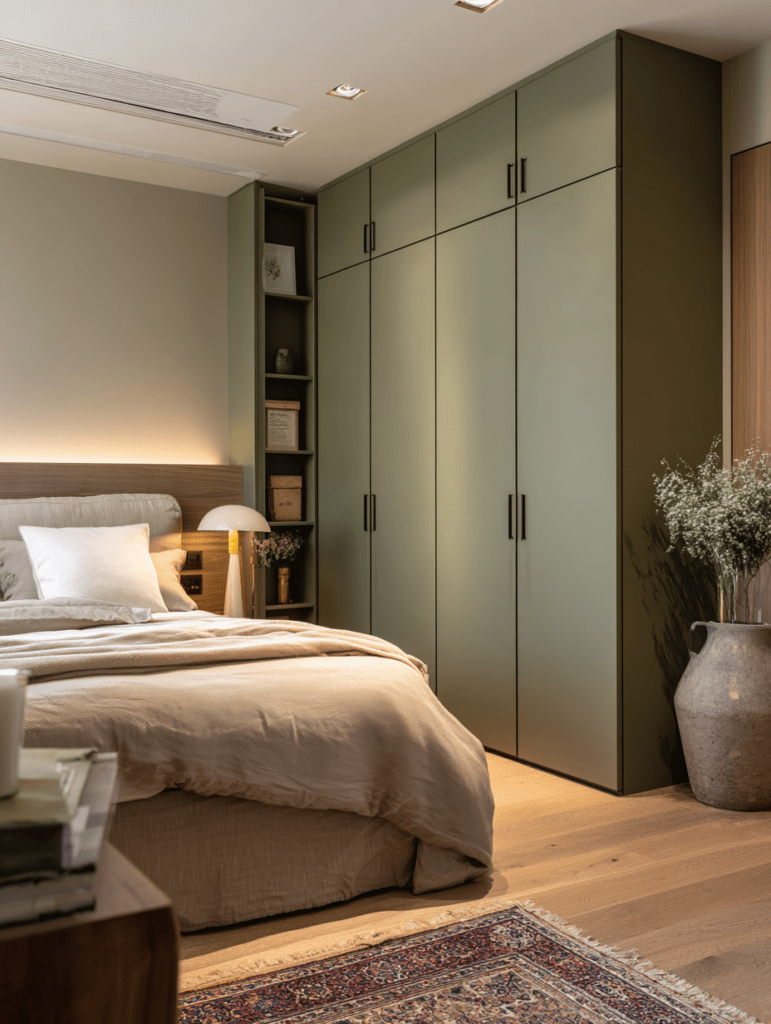 green wardrobe beige bedroom