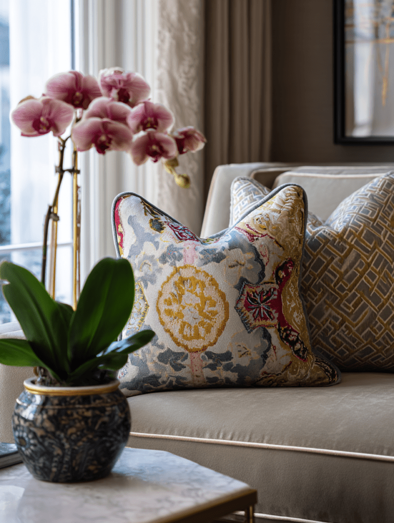 khaki sofa with colorful accents