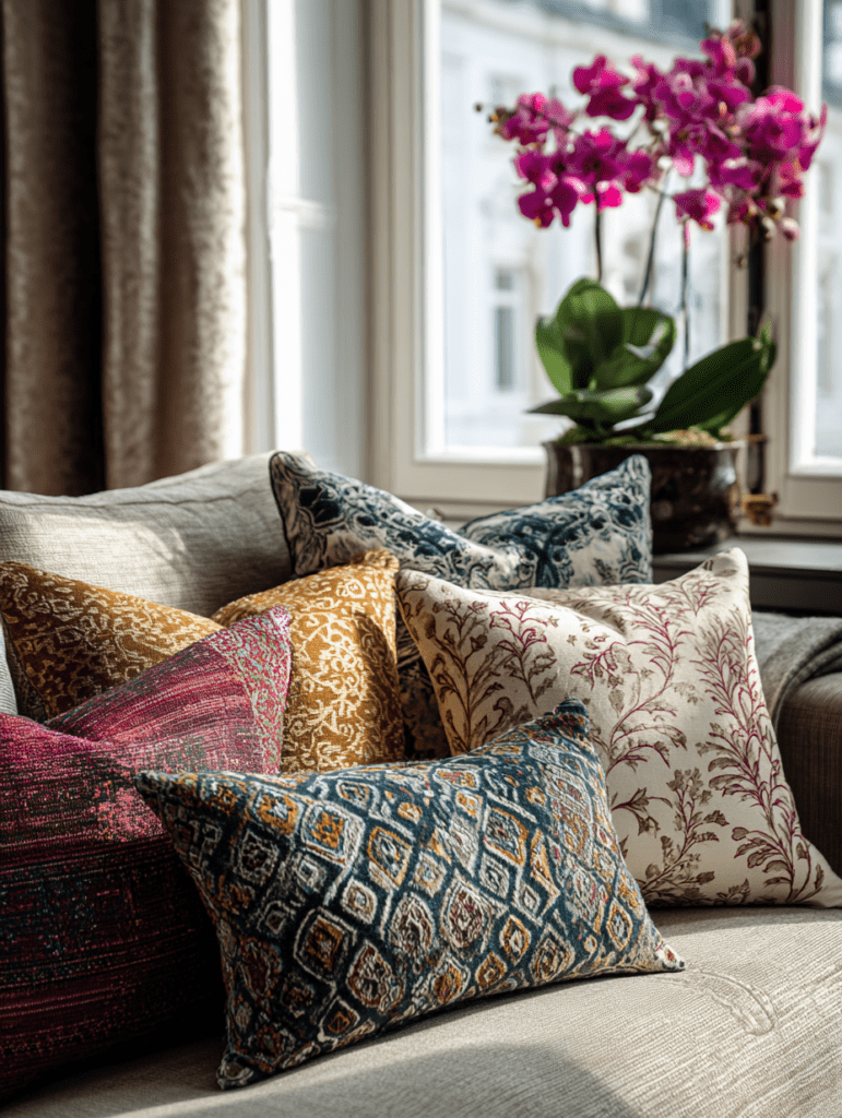 khaki sofa with throw pillows